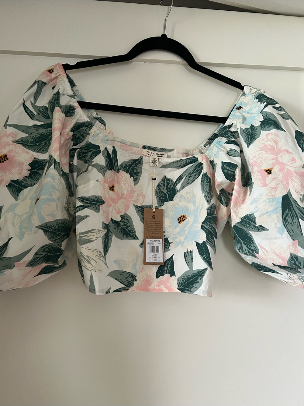 Billabong Salty Blonde Floral Puff-Sleeve Crop Top new